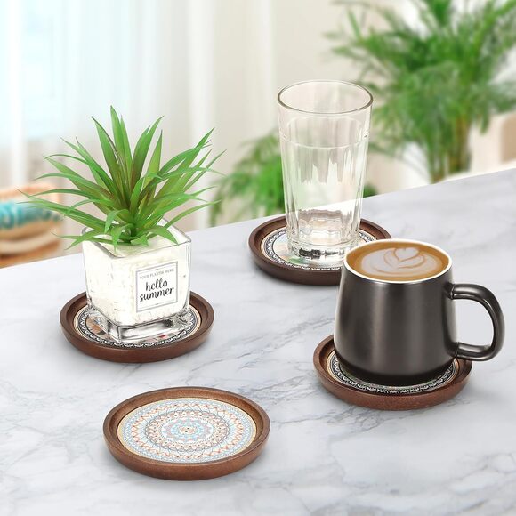 Wooden Absorbent Coasters Set 4.7" Mandala Design Cork Base for Coffee Cups - Picture 3 of 9